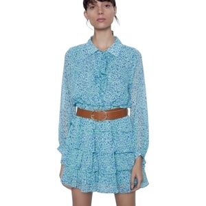 ZARA Tiered and Ruffled Long Sleeve Poly Chiffon Mini Dress Tie Neck US Sz M